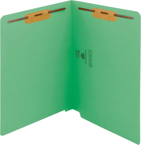 Image of Smead End Tab Fastener File Folder, Shelf-Master Reinforced Straight-Cut Tab, 2 Fasteners, Letter Size, Green, 50 Count (25140)(Pack of 5)