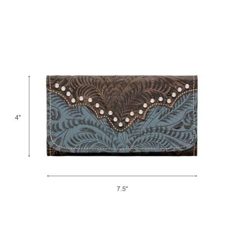 Image of American West Hand Tooled Handcrafted 100% Genuine Leather Tri-Fold Wallet for Women Credit Card Slots Cash Pocket and Clear ID Holder Western (Denim Blue)