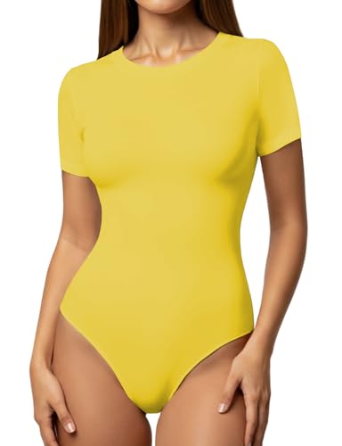 Image of YOGINGO Womens Short Sleeve Bodysuit Crew Neck Slim Fit Basic Body Suit Top Soft Stretch Leotard