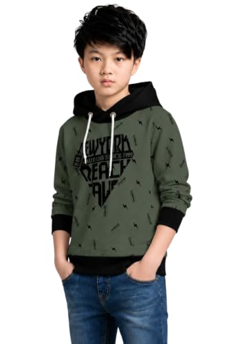 Image of TICOSS Kids Boys & Girls Hooded Neck Full Sleeves Typography Printed T Shirt, Olive Green, Pack of 1
