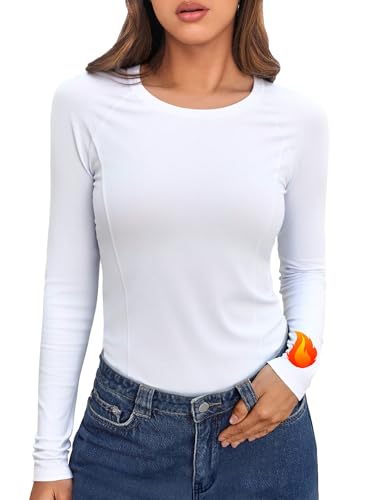 Crewhpo Camiseta Termica Mujer Manga Larga Ropa Interior Elástica y Transpirable Camisetas Térmica Cuello Redondo Tops para Running Fitness Esquí