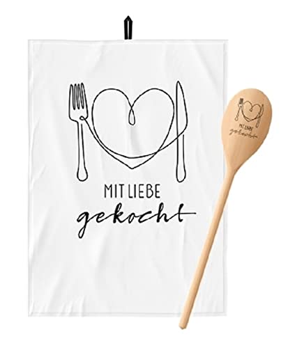 LaVida - 306642 - Set mit Handtuch und Kochlöffel, Mit Liebe gekocht, Baumwolle, Holz, 50cm x 70cm