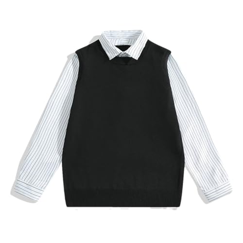 Men Women College Style Knit Sweater Striped Fake Two Piece Lapel Casual Loose Pullover