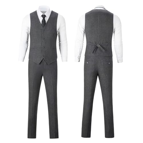 Image of Retro 3 Piece Suit Tweed Herringbone Men's Suits Slim Fit Groom Tuxedos Set Prom Brown Grey Jacket Blazer Vest Pants