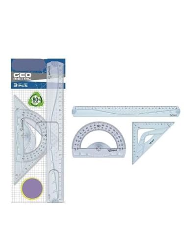 Kit Geometria Geométrico 3 Peças para Canhotos e Uso Escolar - 1 Régua 30cm, 1 Esquadro 45° e 1 Transferidor