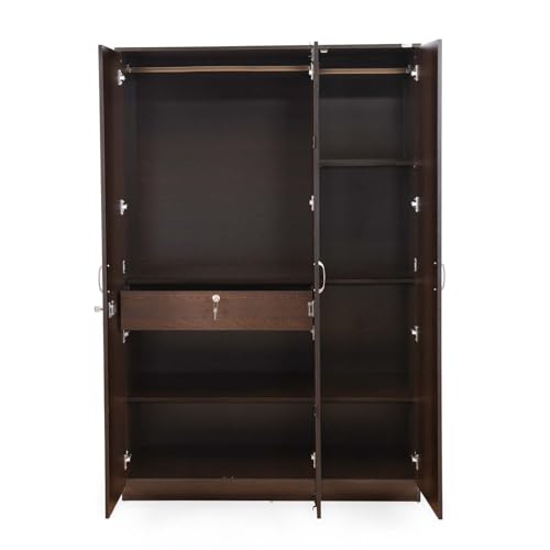 Image of Nilkamal Riva 3 Door Wooden Wardrobe with Mirror for Bedroom | Almirah with 7 Shelves, 2 Hanging Rods, 1 Lockable Drawer | Clothes Cupboard | Engineered Wood | Wenge