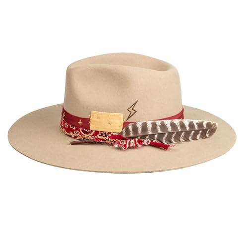 Image of RUEDIGER Vintage Wide Brim Fedora Hats 100% Wool Stiff Felt Hat Rancher Hat with Lightning Logo Handmade Distressed /Burned