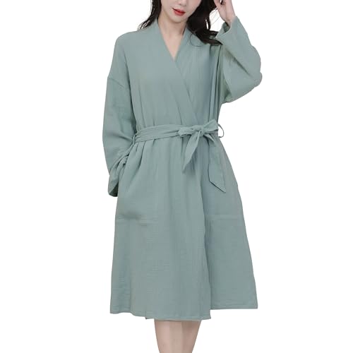 Women's Organic Cotton Bathrobe Long Sleeve Lightweight Waist-Tie Bath Robe for Home Spa Beach Wear