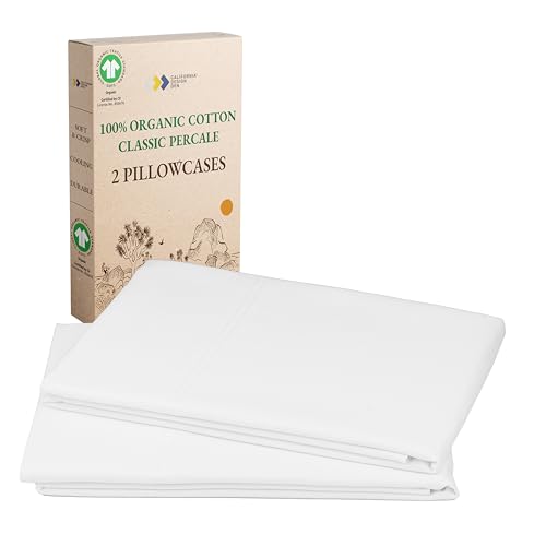 California Design Den 100% Organic Cotton Pillow Cases Queen/Standard Set of 2, Soft & Cooling Percale Weave Cotton Pillowcases (Bright White)