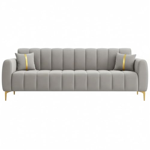 Image of FURNY Harmony 3 Seater Velvet Fabric Sofa Set (Light Grey) with Golden Finish Legs Durable & Comfortable Ideal for Living Room