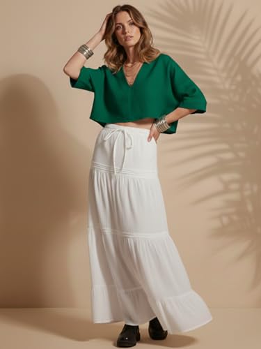 Image of GRECIILOOKS Women's Summer Ruffle Hem PolyBlend Maxi Skirt | High Waist Long Skirt's | Plain A-Line Flowy Skirt for All Occasions | Elegant Boho Style