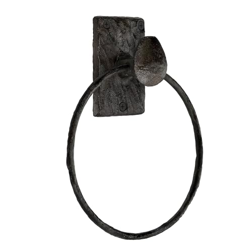 Rustic State Motris Wall Mount Railroad Spike Industrial Design Cast Iron Towel Ring with Hammered Effect Texture for Bathroom and Kitchen – Hand Towel Holder Hanger Rack – Black