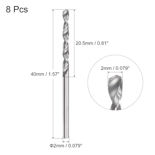 QUARKZMAN Massive Hartmetall-Bohrer, 2mm C2/K20 Wolframkarbid Spiralbohrer mit geradem Schaft, Bohrwerkzeug für Edelstahl, Aluminium, Eisen, Metall, Kunststoff, 8 Stück