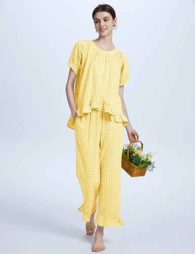 Flygo Womens Plaid 2 Piece Pajamas Sets Gingham Button Down Puff Sleeve Babydoll Shirt Ruffle Pants Y2K Pjs Lounge Set