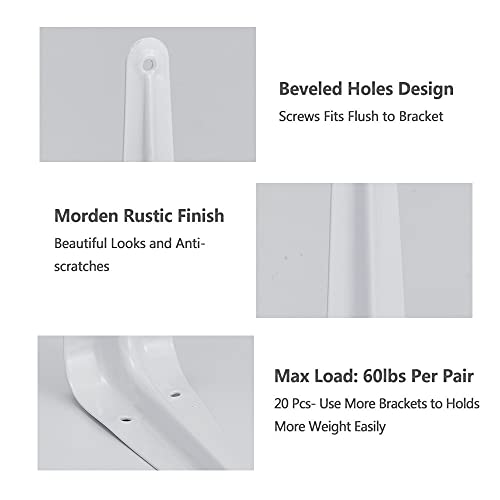 20 Pack Shelf Brackets 12 Inches White, Heavy Duty Steel Metal L Brackets for Shelves, J Brackets Wall Angel Corner Brace for Wood Board by Eledom - Image 4