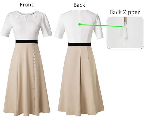 VFSHOW Women Pleated Notch V Neck Pockets Buttons Work Office Business A-Line Midi Dress4