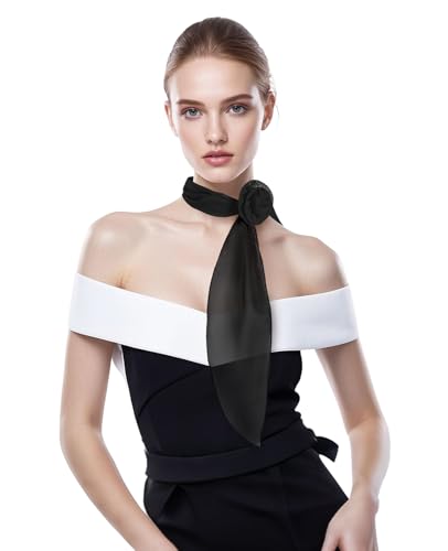 GERINLY Elegant Chiffon Neck Scarf Women, Solid Color Skinny Hair Scarf with Detachable Flower Clip for Costume