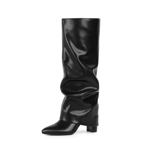 Image of Knee High Boots Women Fold Over Boots Chunky Heel Pointed Toe Tall Boots