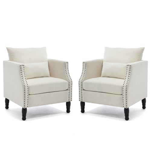 Image of ABET Linen Accent Chairs Set of 2, Mid-Century Modern Reading Armchair with Removable Lumbar Pillow, Upholstered Side Sofa Chair for Living Room Bedroom, Beige