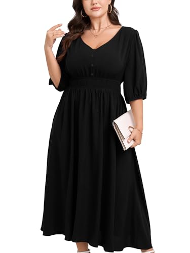 SCOMCHIC Women Plus Size Dresses V Neck 3/4 Sleeve Smocked High Waist Summer Flowy A Line Maxi Dress