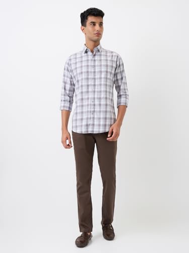 Image of Raymond Men Slim Fit Checks Pattern Pure Cotton Regular Collar Full Sleeve Casual Shirt Grey