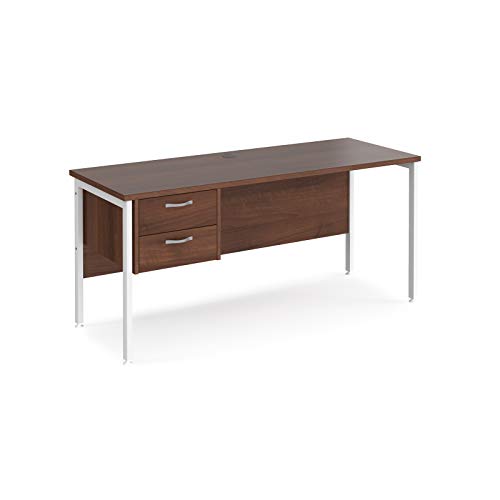 Mr Office Maestro 25 straight desk 600mm deep with 2 drawer pedestal - white H-frame leg, 1600, Walnut