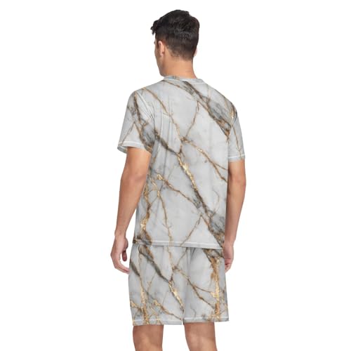 Marble Print Men’s Pajama Sets Short Sleeve Lounge Wear with Elastic Waistband and Drawstring2