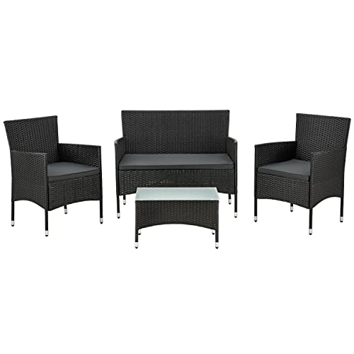 Ensemble de Meubles en polyrotin Fort Myers 4 Personnes avec canapé 2 Places, 2 chaises, Table et Coussins d'assise mobilier de Jardin r- Couvertures Noires et Gris foncé, Milieu