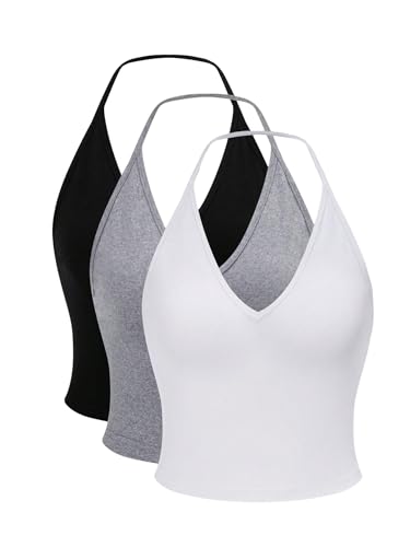 SOLY HUX Women's Halter Tops 3 Piece Backless Sleeveless Crop Cami Top Summer Camisole