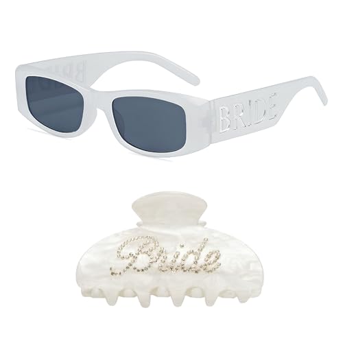 SHENYI Bride Sunglasses and Bride Claw Clip - Bachelorette Party Set | White Marble Sparkle Sunnies Bach Decor Bridal Shower Favors (White)