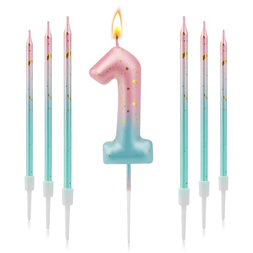 TAIXING Geburtstagskerzen Zahlen 1, 3D Farbverlaufs Kerzen Geburtstag, Geburtstagskerzen Kinder Rosa Blauer Farbverlauf, Zahlenkerze für Kinder Jungen Mädchen Geburtstags Jubiläum, Kerze 1
