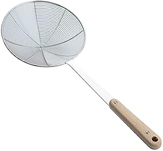 Stainless Steel Frying Skimmers Kitchen Wire Skimmer with Spiral Mesh Professional Skimmer Spoon with Wooden Handle. (Wire Colander 18cm)
