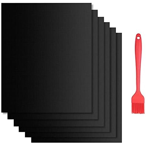 Beshine BBQ Grill Mats - 6 Pack 40x33cm Heavy Duty Non-Stick Barbecue Mats for Charcoal, Gas or Electric Grill, Universal Liners for Oven - Heat Resistant & Reusable & Washable - Free Silicone Brush Cover