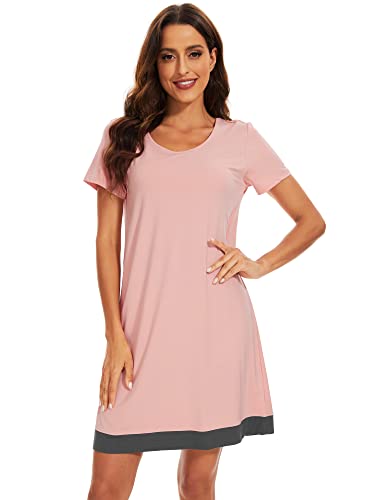 WiWi Soft Nightgowns for Women Viscose from Bamboo Cooling Short Sleeve Nightgown Sleep Shirt Sleepwear S-XXL, Peach Pink, X-Large