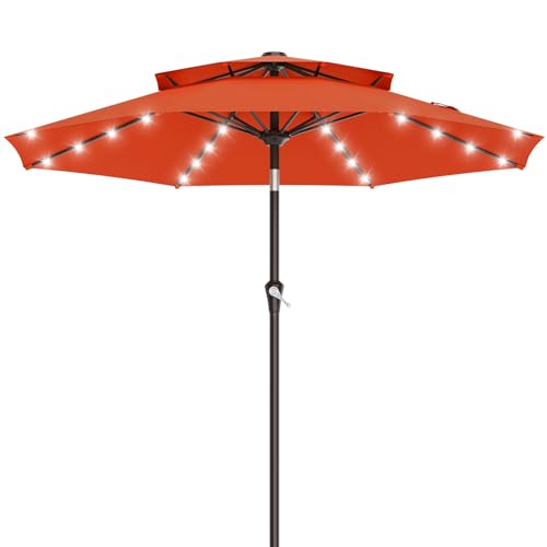 AreShark 9ft 2 Tiers Patio Umbrella with Solar Lights Outdoor Umbrella w/ 32 LED Lights&8 Sturdy Ribs Table Umbrella for Deck Backyard Pool(Orange)