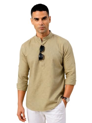 Image of Majestic Man Men's Pure Cotton Solid Mandarin Collar Slim Fit Roll-Up Sleeves Short Kurta Lightweight Summer Kurta for Daily & Occasion Use