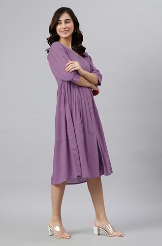 Image of Janasya Women's Cotton Solid Flared Dress