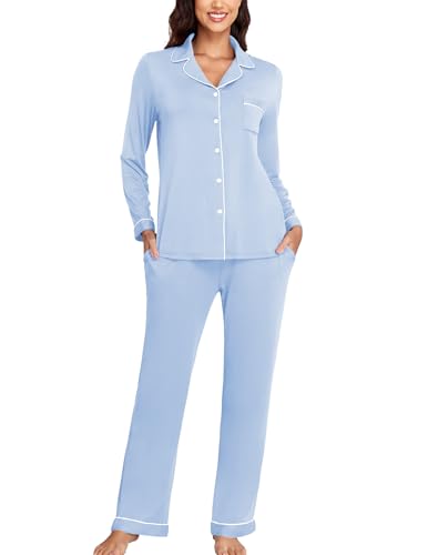 Image of Veseacky Women's Ribbed Knit Pajamas Set 2 Piece Warm Soft Loungewear Sleepwear Pjs S-XXL