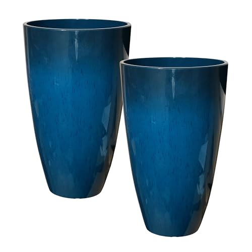 RUBBER BOND Plant Pots 2 Pack - Modern Indoor/Outdoor Planters for Home Decor - Weather-Resistant Large Flower Pots - Lightweight 22 Inches Tall Planters - Blue Glossy Round Pots for Plants