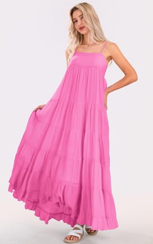 Image of loveimgs Women Summer Spaghetti Strap Smocked Maxi Dress Tiered Ruffle Sleeveless Long Flowy Dress Beach Sundress