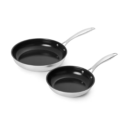 Amazon Basics Ceramic Non-Stick Frying Pan Set, Stainless Steel, Oven Safe to 390°F, 10-Inch and 8-Inch, 2-Piece