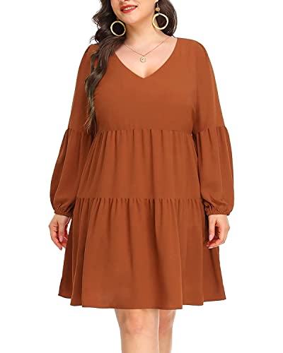 Pinup Fashion Plus Size Long Sleeve Fall Dress - Casual Babydoll Tunic Shift Tiered Flowy Dresses