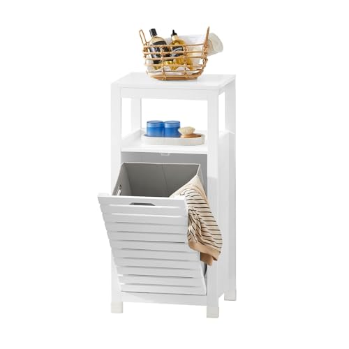 SoBuy Badezimmerschrank mit Wäschekorb - Wäscheschrank, Badschrank mit ausklappbarem Wäschesack, Kompakter Badezimmerregal, Badmöbel aus Holz, Weiß, 42x90x30cm, BZR67-W