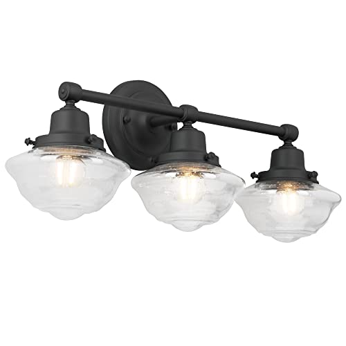 Image of Design House Vintage-Inspired Schoolhouse 3-Light Dimmable Vanity Light, 23.125 in x 7.625 in x 9.5 in, Matte Black, Clear Seeded Glass Shades, 589143-BLK