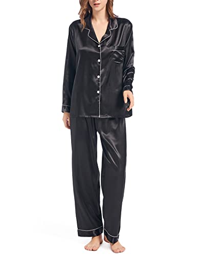 Finvizo Conjunto de pijama de satén de seda para mujer: pijama de manga larga para mujer, conjunto de pijama de dos piezas, ropa de dormir sedosa con botones, ropa de dormir suave, S-XXL, Negro, XXL