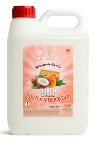 Familycom Detergente Líquido para Lavadora, Detergente para Ropa Blanca y de Color con Fórmula Concentrada, 90 lavados, Jabón Natural para una Ropa Limpia y Cuidada Coco Melocoton