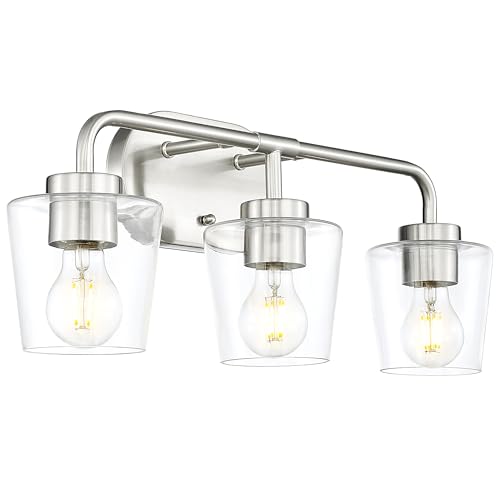 Image of 3-Light Bathroom Light Fixtures Over Mirror, Brushed Nickel | Vanity Lights for Bathroom with Clear Glass, Modern Vanity Lighting Fixtures, AD-22004-3W-SN-C