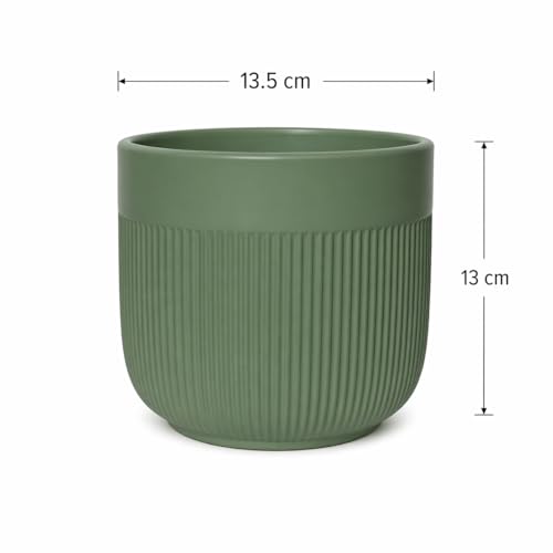 Image of Xtore Fresh Dual-Texture Ceramic Planter Pot for Indoor Plants | Contemporary Ribbed Flower Pot for Home, Office Desk & Balcony Decor (Matte Green - Planter only)