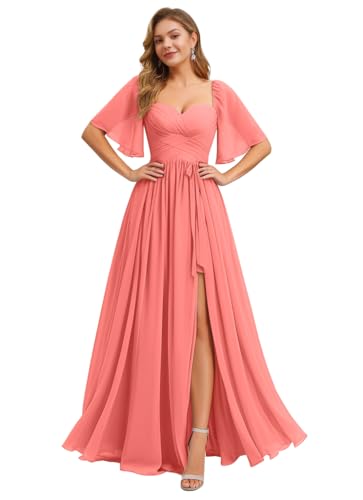 Image of IIF Women's Chiffon Bridesmaid Dresses for Wedding Flutter Sleeves Ruched A Line Long Formal Dress with Slit IIF149