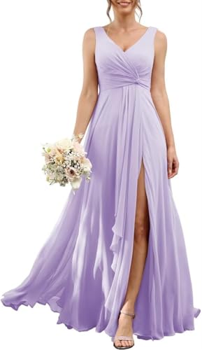 YIANN Vestido de dama de honor de gasa para mujer con abertura para boda, fiesta, plisado, cuello en V, vestido largo formal de noche, Lila, 44
